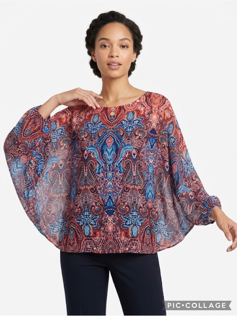 Coco Bianco Batwing Paisley Blue Orange Bubble Hem Chiffon Top S Boho Chic